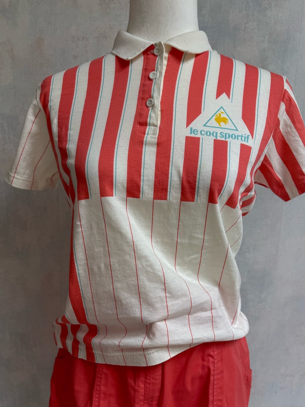 Coral & Cream Stretchy Short Sleeve w Collar. Cotton & Span, Le Coq Sportif